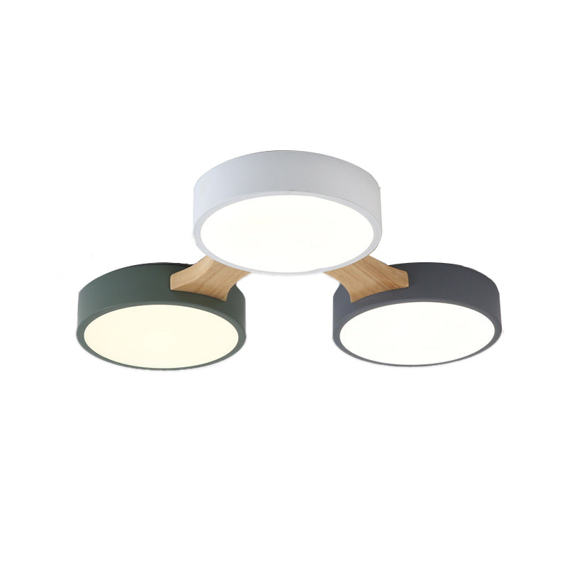 Wood and Metal Round Flush Ceiling Light Nordic 3/4/5 Lights Grey Ceiling Flush for Bedroom in Warm/White