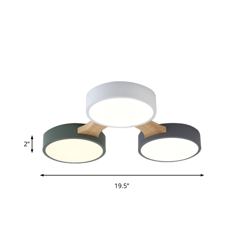 Wood and Metal Round Flush Ceiling Light Nordic 3/4/5 Lights Grey Ceiling Flush for Bedroom in Warm/White