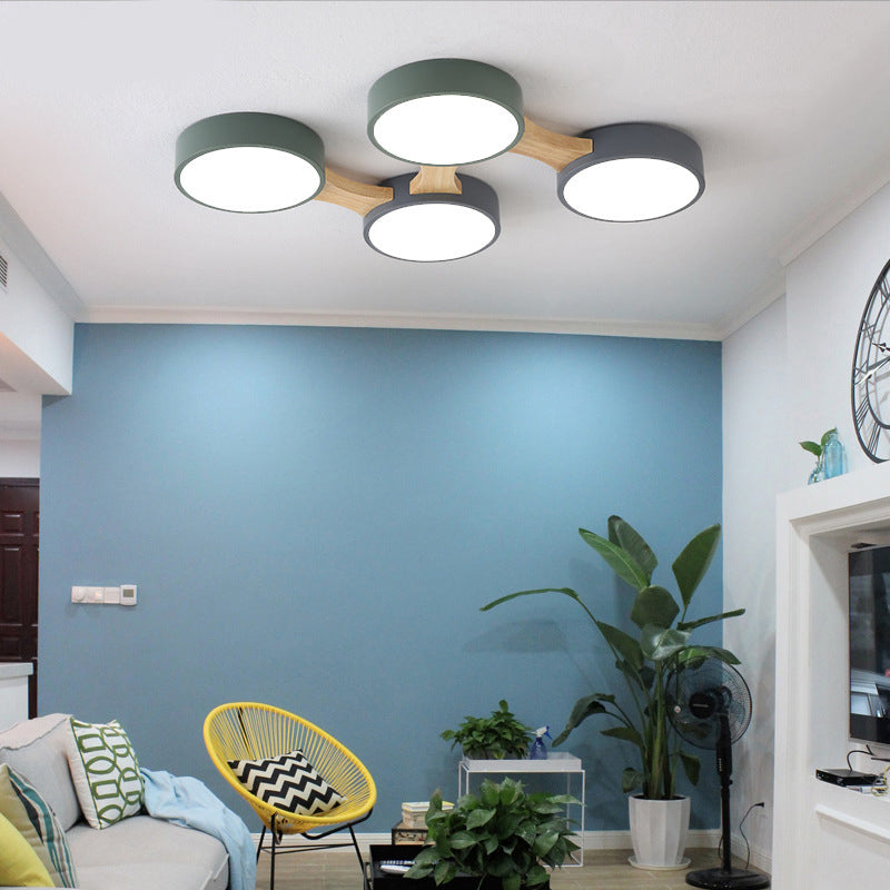 Wood and Metal Round Flush Ceiling Light Nordic 3/4/5 Lights Grey Ceiling Flush for Bedroom in Warm/White