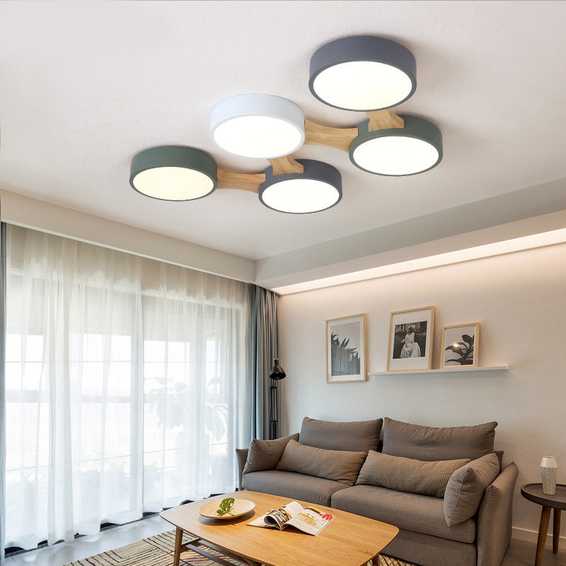 Wood and Metal Round Flush Ceiling Light Nordic 3/4/5 Lights Grey Ceiling Flush for Bedroom in Warm/White
