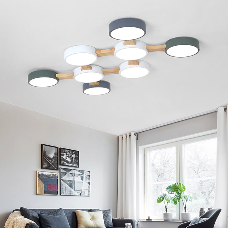 Wood and Metal Round Flush Ceiling Light Nordic 3/4/5 Lights Grey Ceiling Flush for Bedroom in Warm/White
