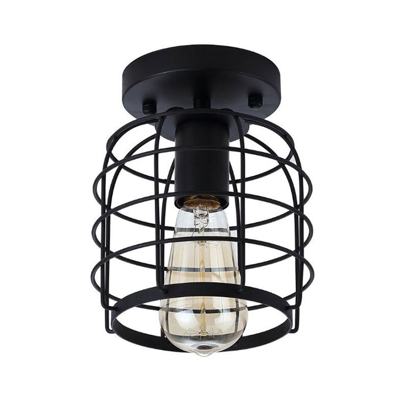 Plafonnier à 1 tête, cage cylindrique vintage en métal, semi-encastré, noir, pour couloir