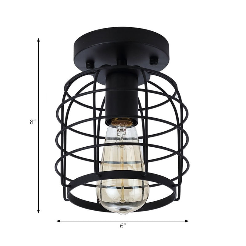 Plafonnier à 1 tête, cage cylindrique vintage en métal, semi-encastré, noir, pour couloir