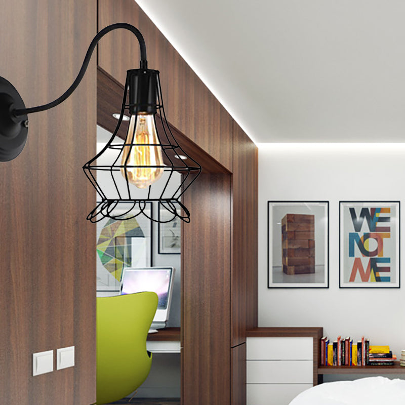 Black 1 Light Spl Sponce Lámpara Retro Diamante de metal/luz de la pared de la pared de estrella con sombra de jaula para cafetería