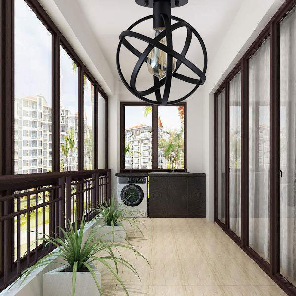 Plafonnier rétro élégant en cage orb, 1 ampoule, suspension semi-encastrée métallique en noir pour balcon