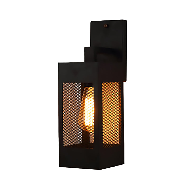 1 Light Sconce Lamp with Rectangle Mesh Metal Shade Vintage Style Indoor Wall Sconce Light in Black