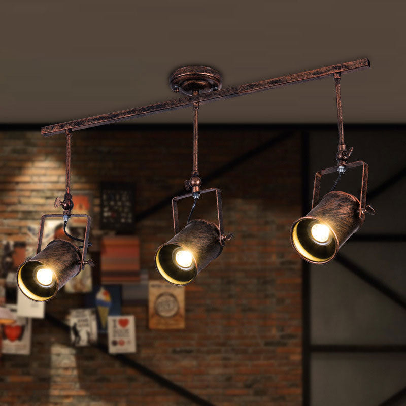 Antique Style Cylinder Track Light 1/2/3-Light Wrought Iron Semi-Flush Ceiling Light in Dark Rust for Coffee Shop