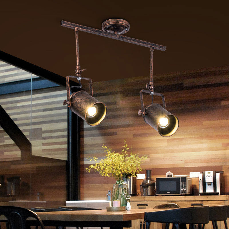 Antique Style Cylinder Track Light 1/2/3-Light Wrought Iron Semi-Flush Ceiling Light in Dark Rust for Coffee Shop