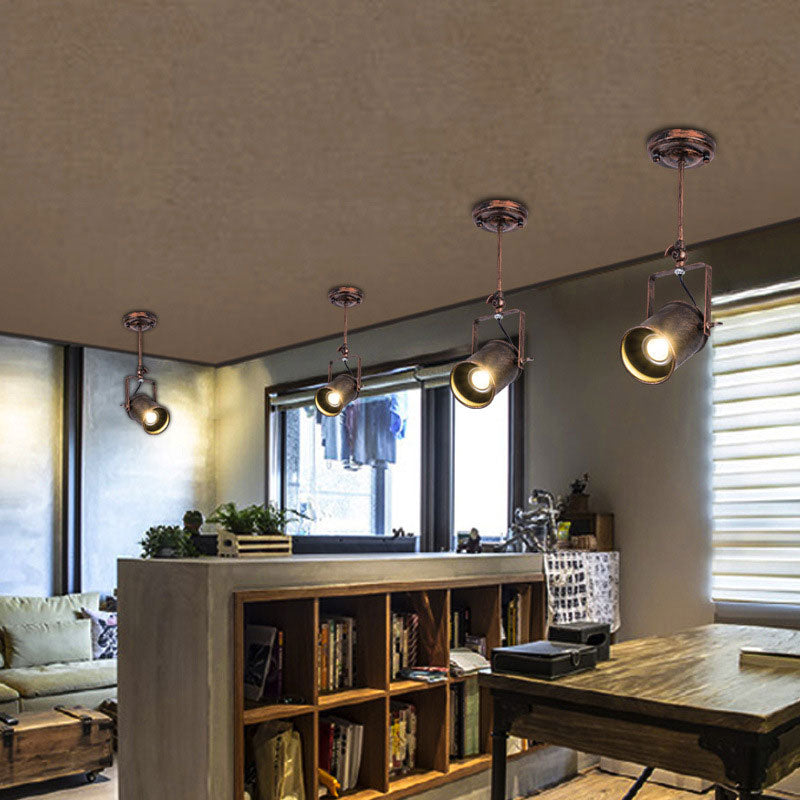 Antique Style Cylinder Track Light 1/2/3-Light Wrought Iron Semi-Flush Ceiling Light in Dark Rust for Coffee Shop