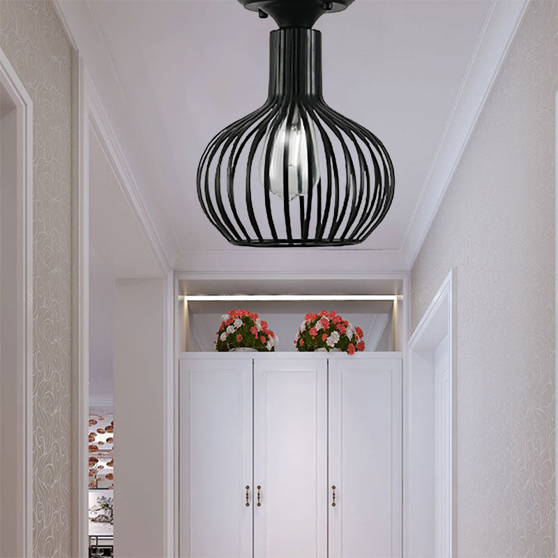Retro Loft Globe / Pear Cage Ceiling Fixture 1 Light Metallic Semi-Flush Mount Light in Black for Hallway