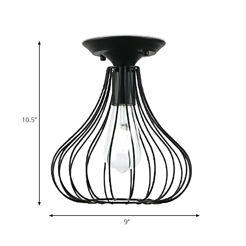 Retro Loft Globe / Pear Cage Ceiling Fixture 1 Light Metallic Semi-Flush Mount Light in Black for Hallway