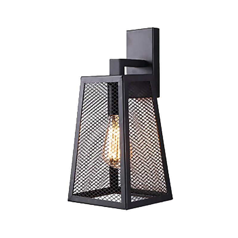 Black Mesh Cage Sconce Lamp with Trapezoid Shade Farmhouse Style Metal 1 Light Indoor Wall Sconce Light