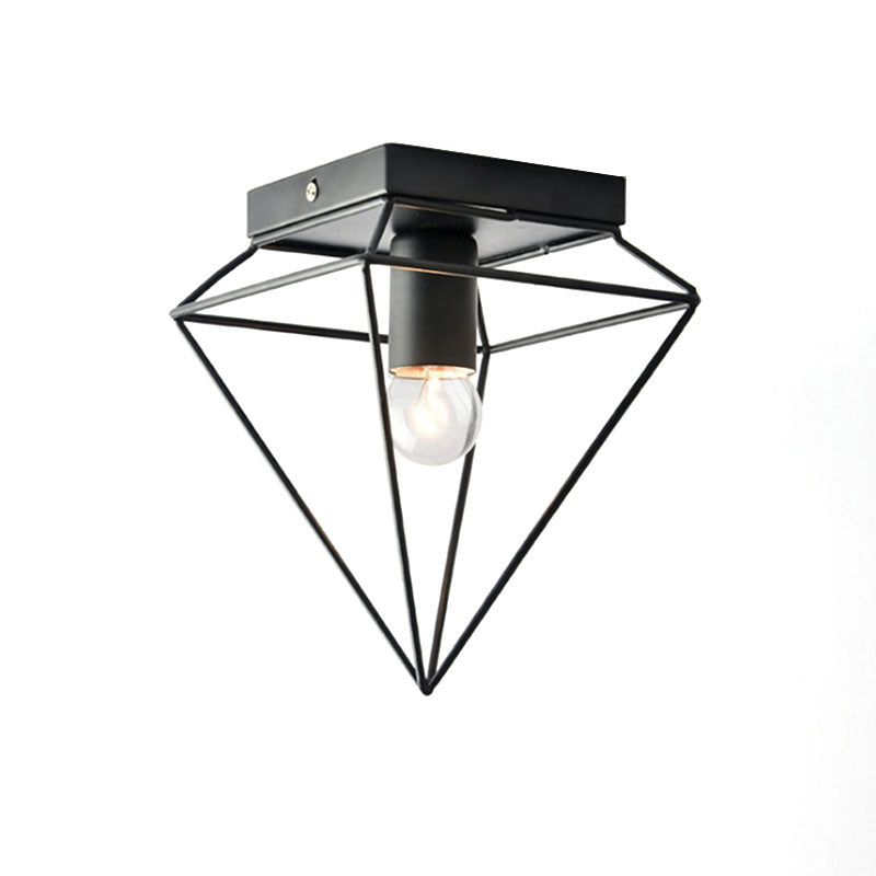 1 Light Cage Diamond Flush Mount Ceiling Light Loft Stylish Black/White Metallic Ceiling Lamp for Study Room