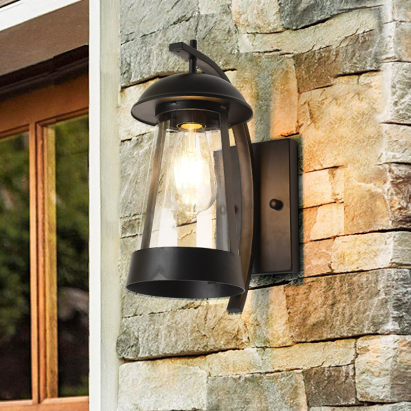 Clear Glass Kerosene Lamp Wall Light Farmhouse 1 Head Patio Wall Lighting with Curved Arm in Black