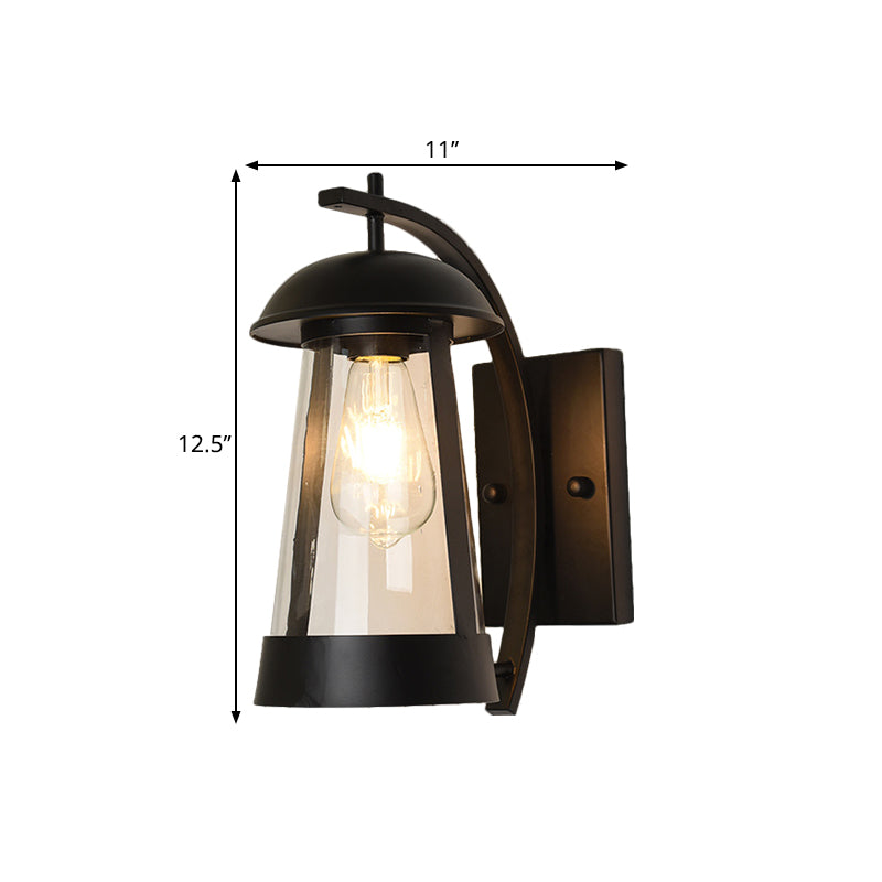 Clear Glass Kerosene Lamp Wall Light Farmhouse 1 Head Patio Wall Lighting with Curved Arm in Black