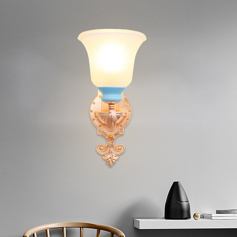 Vintage Swirled Arm Wall Light 1/2-Bulb Metal Wall Mounted Lighting in Gold with Bell Frosted Ribbed Glass Shade