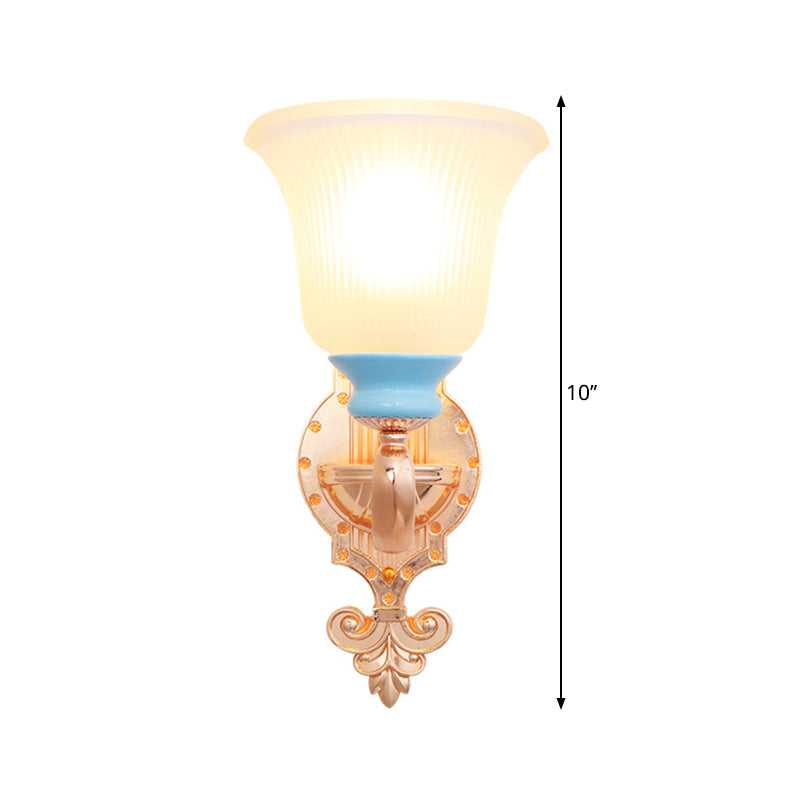 Vintage Swirled Arm Wall Light 1/2-Bulb Metal Wall Mounted Lighting in Gold with Bell Frosted Ribbed Glass Shade