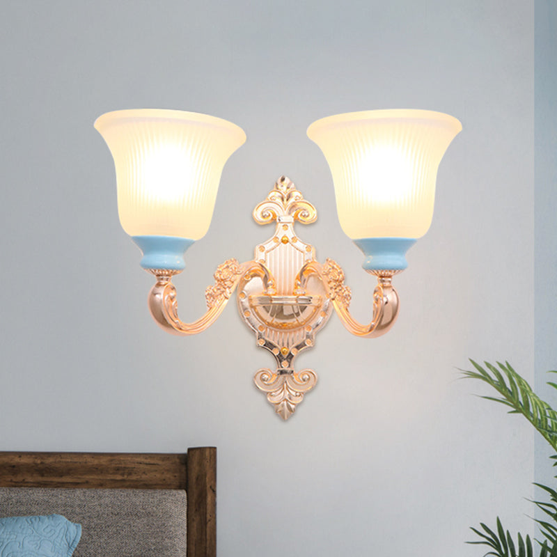 Vintage Swirled Arm Wall Light 1/2-Bulb Metal Wall Mounted Lighting in Gold with Bell Frosted Ribbed Glass Shade