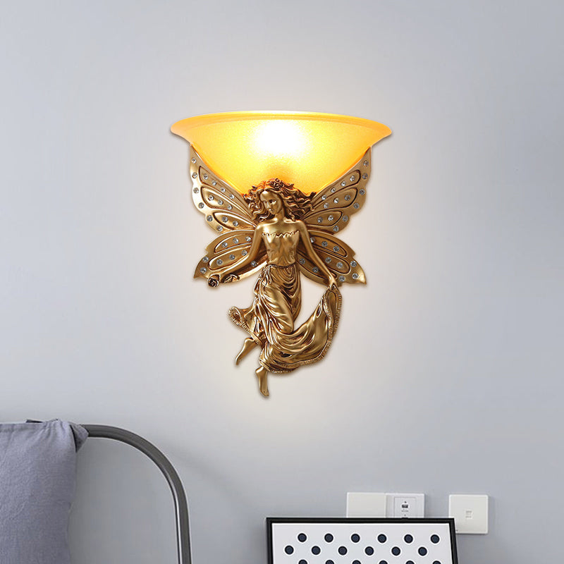 1 Light Wall Lighting Ideas Country Half-Bowl Opal Glass Wall Sconce in White/Gold with Right/Left Resin Angel
