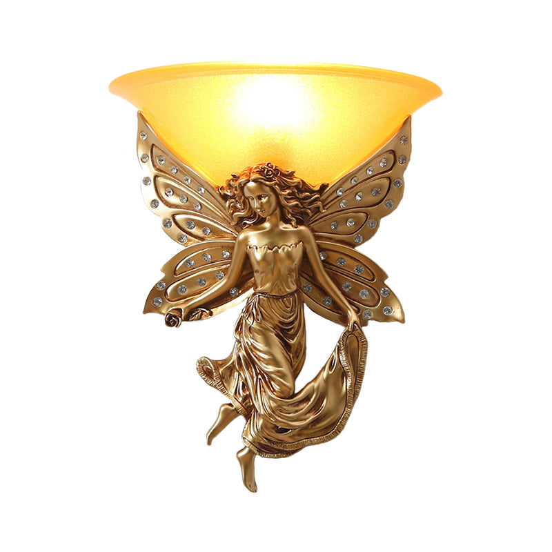 1 Light Wall Lighting Ideas Country Half-Bowl Opal Glass Wall Sconce in White/Gold with Right/Left Resin Angel