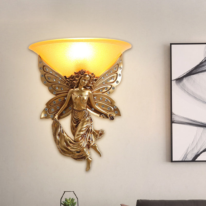 1 Light Wall Lighting Ideas Country Half-Bowl Opal Glass Wall Sconce in White/Gold with Right/Left Resin Angel