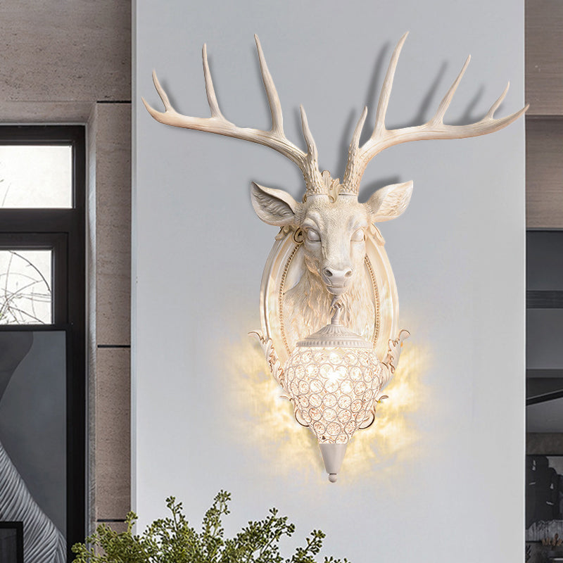 Resin Deer Shape Wall Mounted Light Cottage 1 Bulb Drawing Room Wall Sconce with Hand-Cut Crystal Shade in White/Beige/Orange
