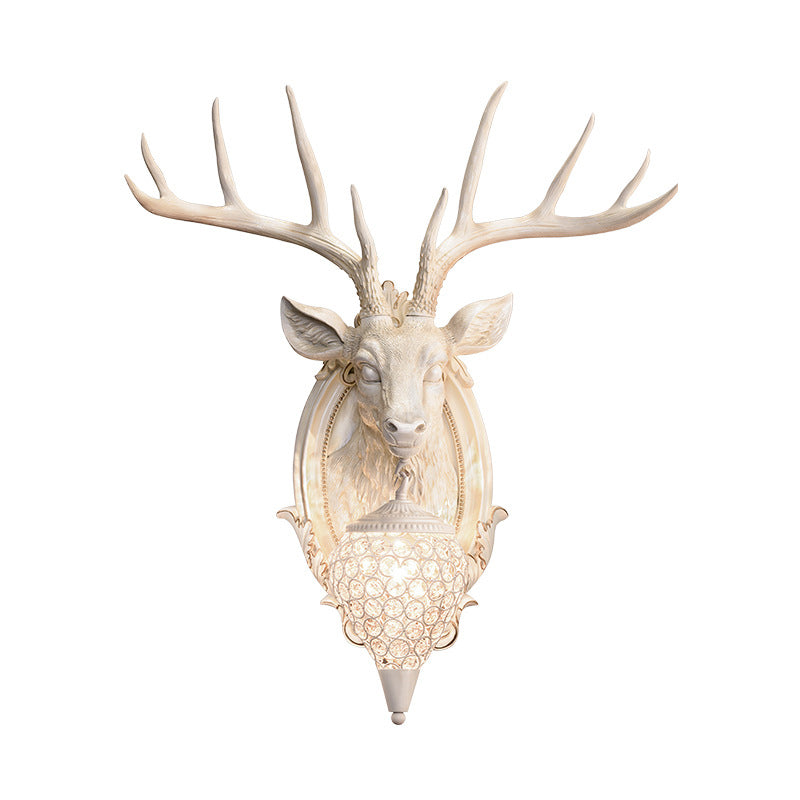Resin Deer Shape Wall Mounted Light Cottage 1 Bulb Drawing Room Wall Sconce with Hand-Cut Crystal Shade in White/Beige/Orange