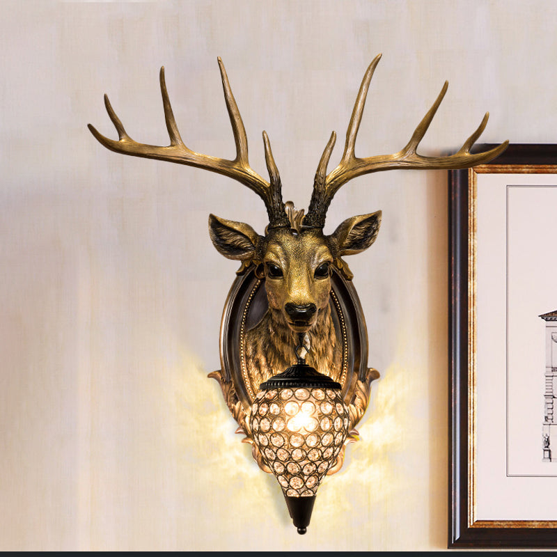 Resin Deer Shape Wall Mounted Light Cottage 1 Bulb Drawing Room Wall Sconce with Hand-Cut Crystal Shade in White/Beige/Orange