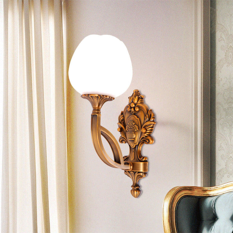 Tulip White Glass Wall Light Sconce Country 1/2-Bulb Living Room Wall Lighting Fixture in Brass with Curved Arm