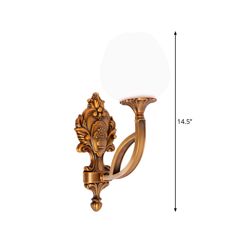 Tulip White Glass Wall Light Sconce Country 1/2-Bulb Living Room Wall Lighting Fixture in Brass with Curved Arm