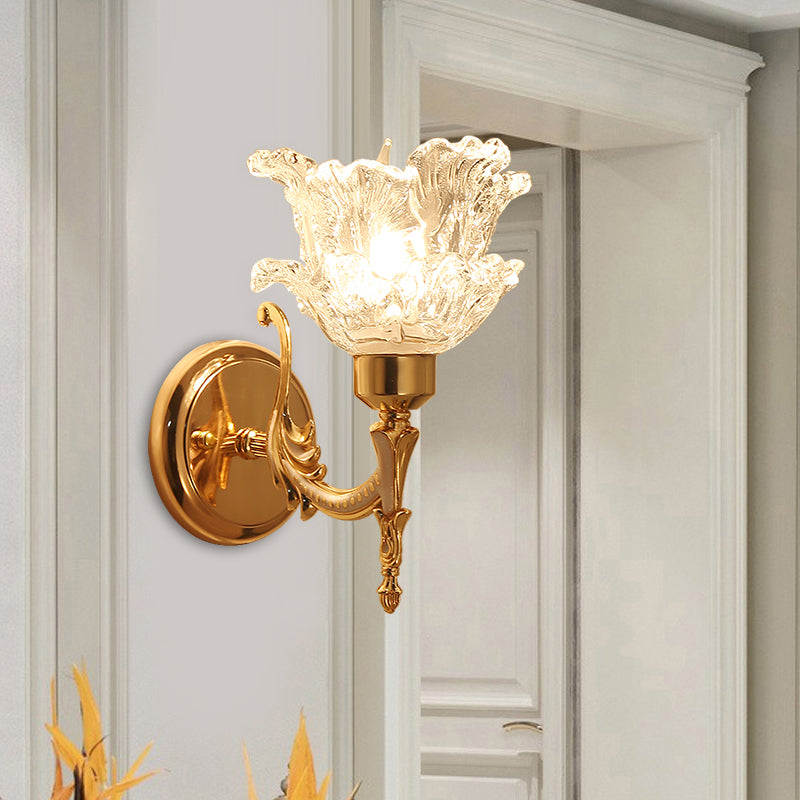 Tiered Flower Bedroom Wall Sconce Retro Style Clear Ruffle Glass Single Bulb Brass Wall Mounted Light
