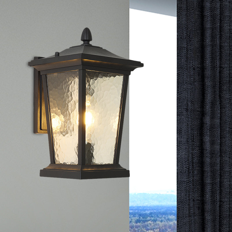 1-Head Flush Wall Sconce Traditional Porch Wall Mounted Lighting with Pavilion Dimpled Glass Shade in Black/Brass