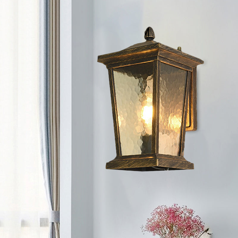 1-Head Flush Wall Sconce Traditional Porch Wall Mounted Lighting with Pavilion Dimpled Glass Shade in Black/Brass