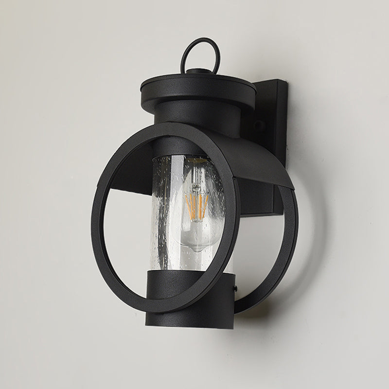 Cylindrical Courtyard Wall Sconce Traditional Seedy Glass 1-Bulb Black Wall Mount Lamp