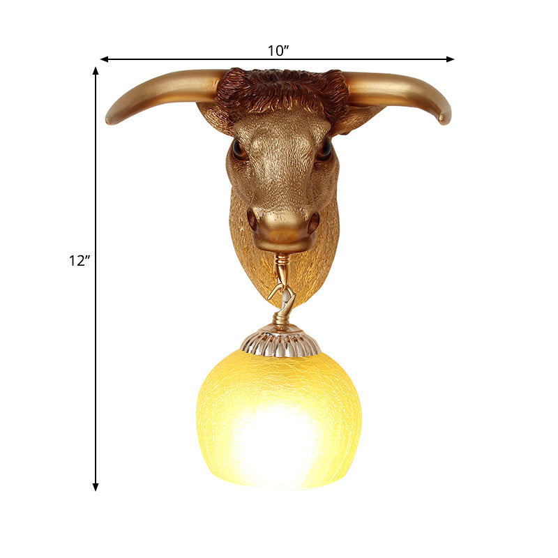 1-Head Resin Wall Light Fixture Country Gold Ox Head Wall Mounted Lamp with Ball Crackle Glass Shade