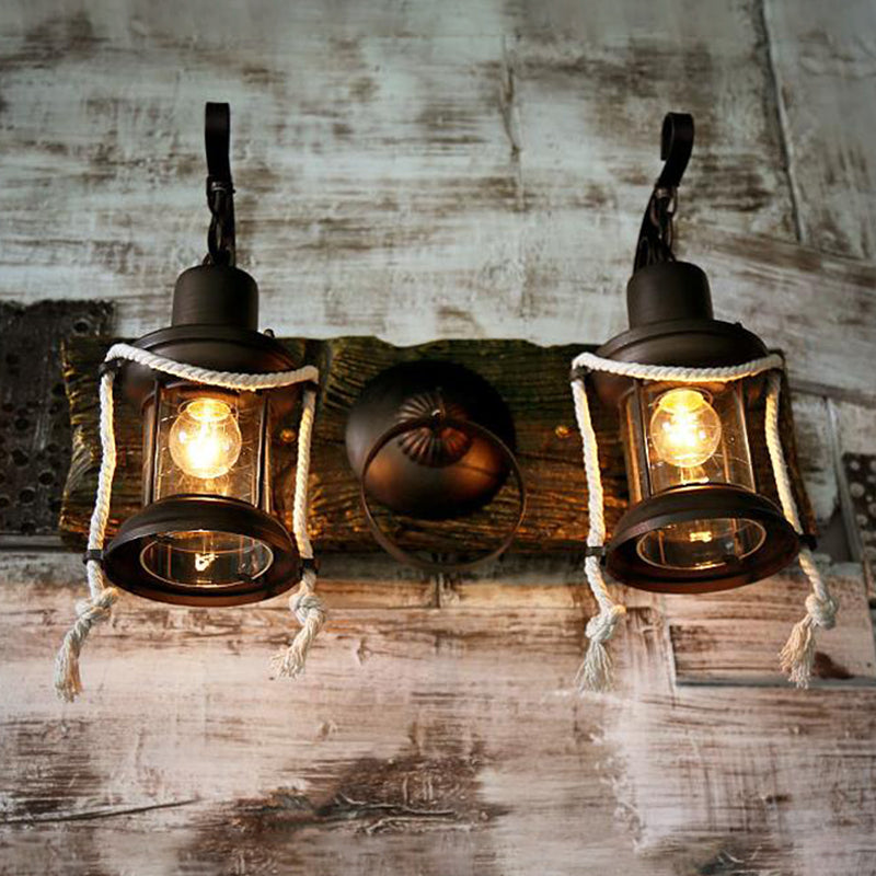 Lantern Clear Glass Wall Lighting Ideas Rustic 2 Bulbs Bar Wall Mount Light in Black