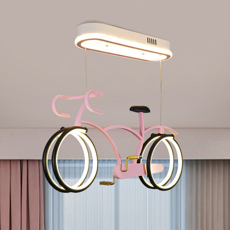Silver/Pink/Blue Bike Chandelier Light Cartoon LED Metallic Hanging Lighting for Kids Bedroom