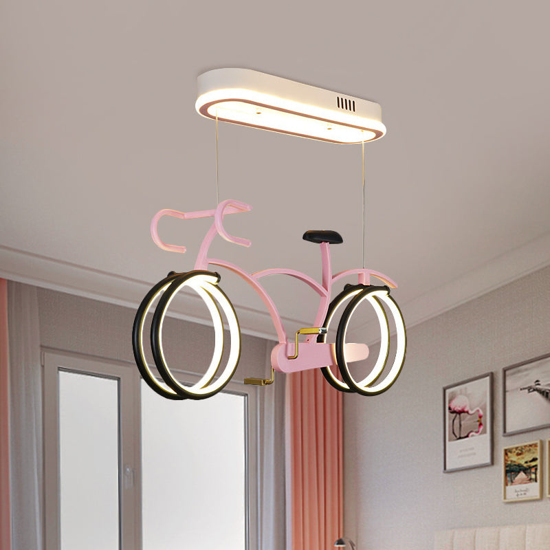 Silver/Pink/Blue Bike Chandelier Light Cartoon LED Metallic Hanging Lighting for Kids Bedroom