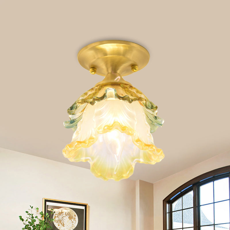 1-Head Flower Ceiling Lamp Retro Style Gold Ruffle Glass Semi Flush Mount Lighting for Hallway