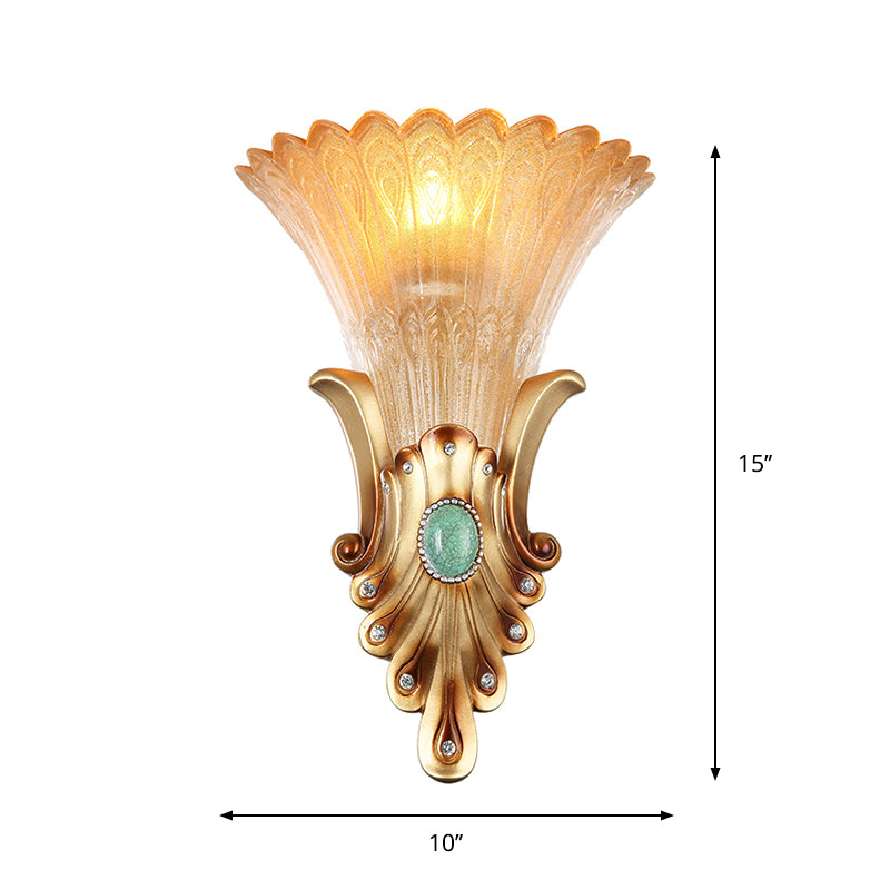 Scalloped Corridor Wall Sconce Loft Style Amber Ribbed Glass 1-Bulb Gold Wall Lighting with Peacock Feather Design