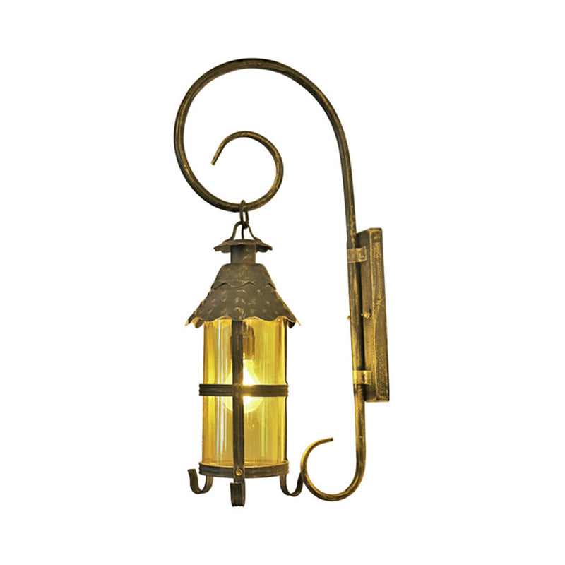 Retro Lantern Wall Mount Lighting 1 Head Metallic Wall Light Fixture with Scroll Arm in Antique Bronze