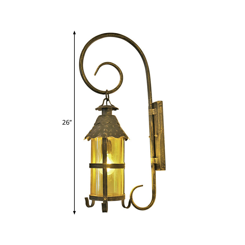 Retro Lantern Wall Mount Lighting 1 Head Metallic Wall Light Fixture with Scroll Arm in Antique Bronze