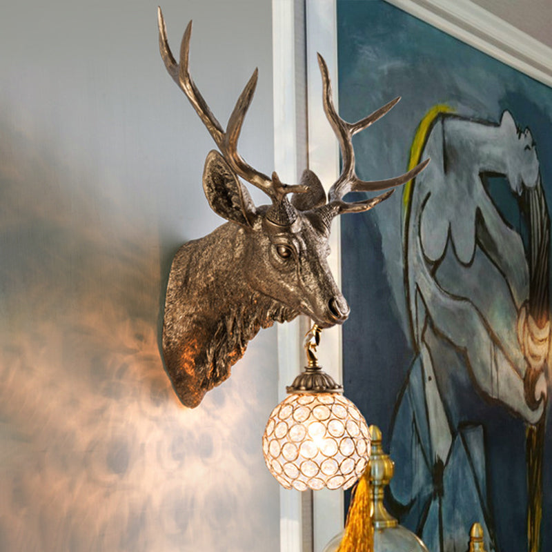Single Bulb Elk Head Wall Mounted Lamp Warehouse Gold Resin Wall Sconce Light with Beveled Crystal Shade