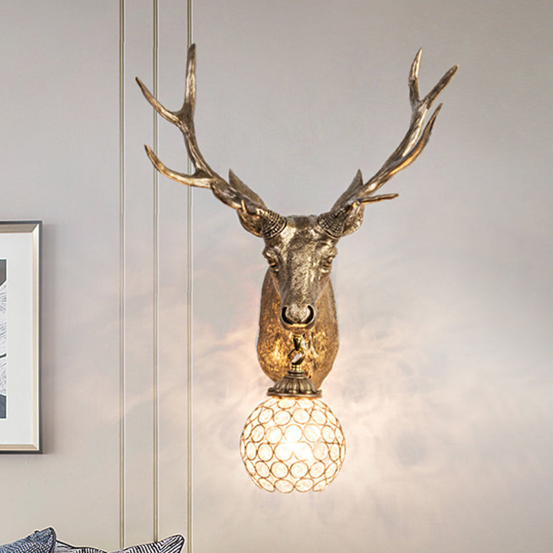 Single Bulb Elk Head Wall Mounted Lamp Warehouse Gold Resin Wall Sconce Light with Beveled Crystal Shade