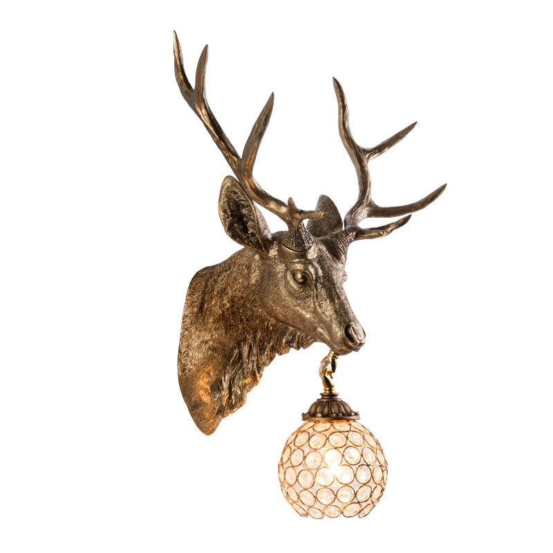 Single Bulb Elk Head Wall Mounted Lamp Warehouse Gold Resin Wall Sconce Light with Beveled Crystal Shade