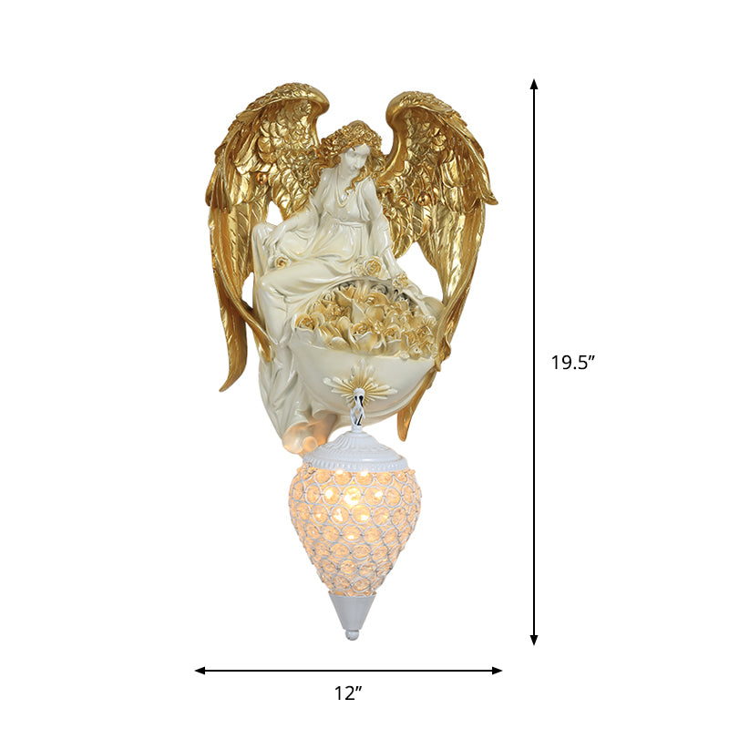 Single Light Wall Sconce Classic Style Water Drop/Dome Hand-Cut Crystal Wall Lighting Idea with Angel and Blossom Design in Gold/Dark Gold