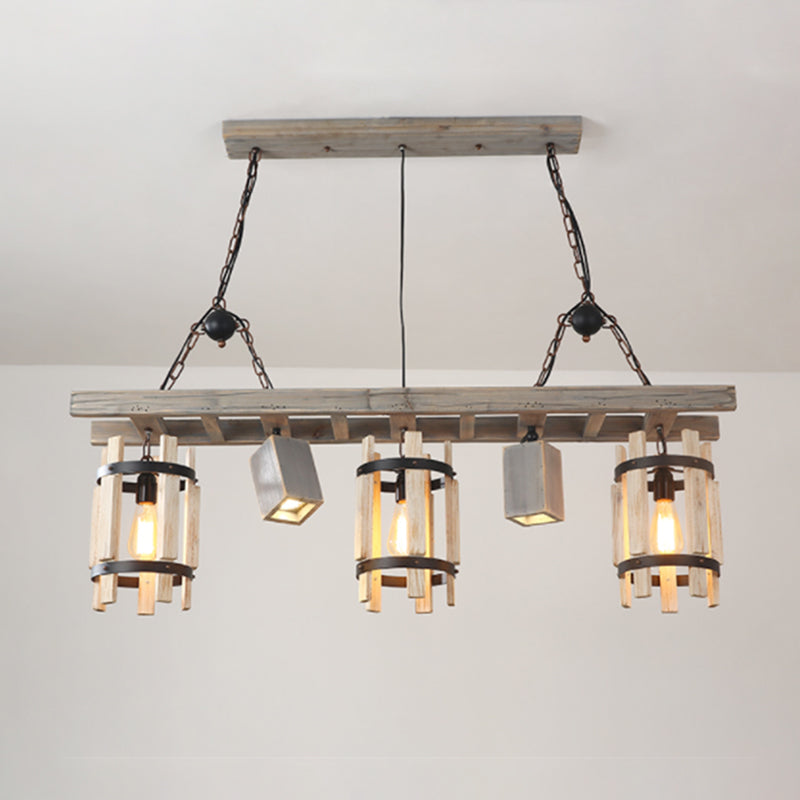 Gris / brun 5 lumières Drop Pendants Farmhouse Wood Cylinder Frame Island Éclairage avec design d'échelle