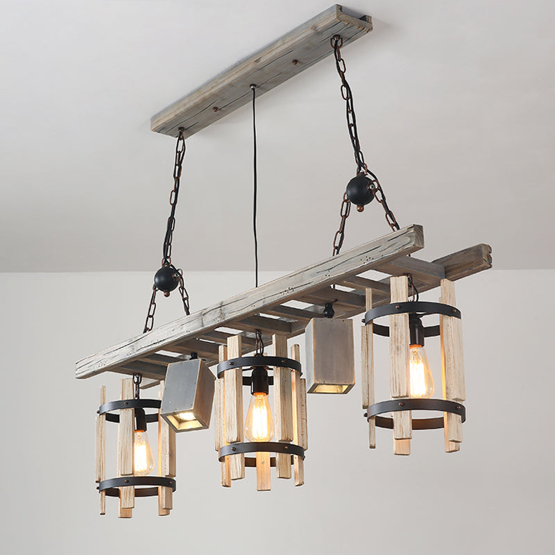Gris / brun 5 lumières Drop Pendants Farmhouse Wood Cylinder Frame Island Éclairage avec design d'échelle