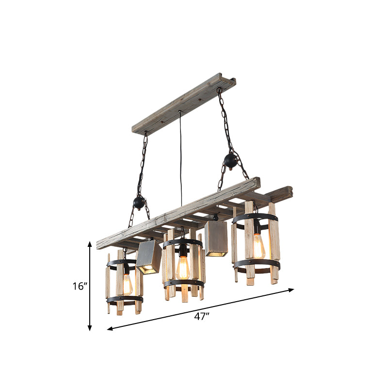 Gris / brun 5 lumières Drop Pendants Farmhouse Wood Cylinder Frame Island Éclairage avec design d'échelle