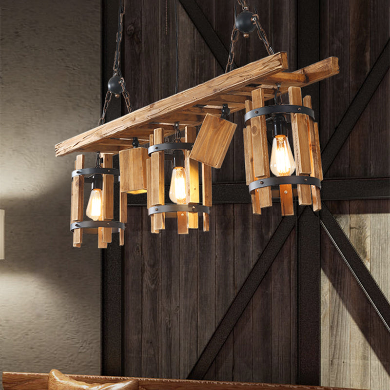 Gris / brun 5 lumières Drop Pendants Farmhouse Wood Cylinder Frame Island Éclairage avec design d'échelle